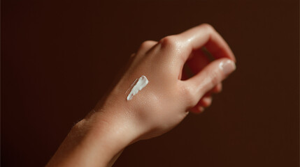 Close-up of hand with cream swatch, skincare concept
