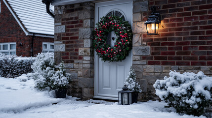 Snowy front door with Christmas wreath and lantern