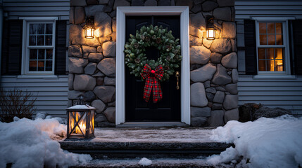 Snowy doorstep decorated for Christmas holidays