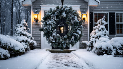 Snowy winter wreath with glowing lantern on house facade