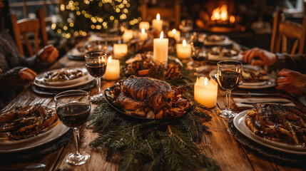 Family enjoying festive Christmas dinner by fireplace