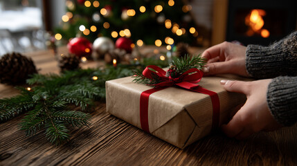 Hands preparing a Christmas gift by the fireplace