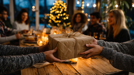 Friends exchanging gift at cozy Christmas dinner party