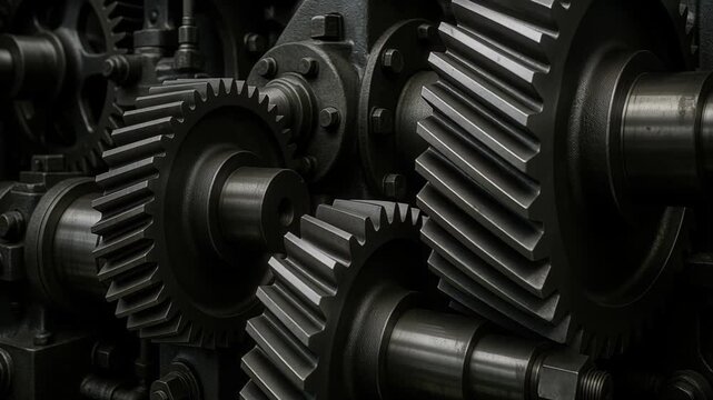 Interlocking Gears: Industrial metal gears mesh together, embodying the intricate mechanics of industry, with a focus on teamwork and precision.