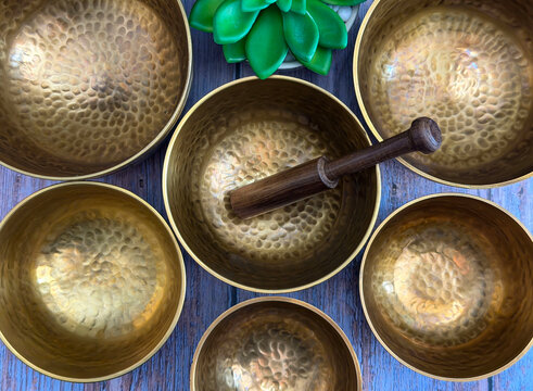 Meditation Singing Bowls with Plant on Wooden Surface Against Black Background