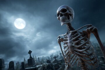 Skeleton standing in moonlit graveyard at night