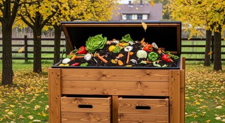 Wooden compost bin overflowing with fresh food scraps and vegetable waste in an autumn outdoor setting