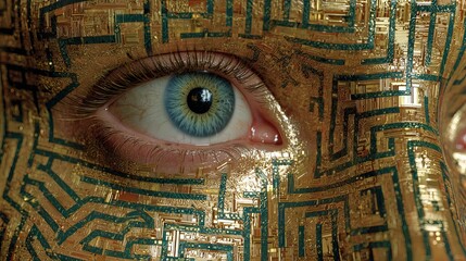 A stunning close-up of a human eye with gold and blue makeup and intricate patterns, showcasing a unique and artistic design.