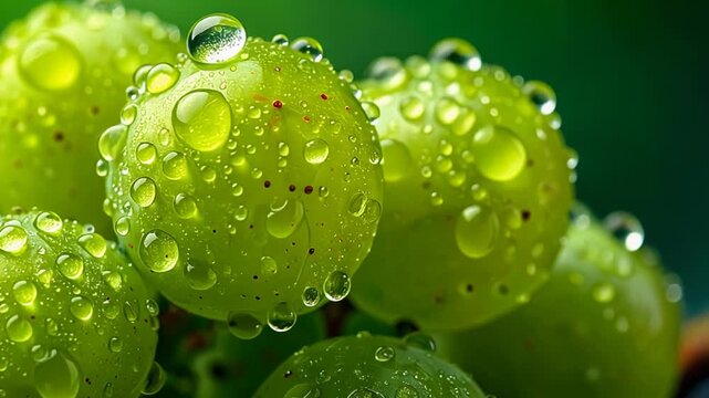 寄りで写した緑ぶどうの房に水滴が付き生命感ある果実表現となる