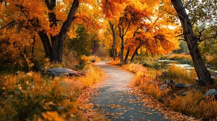 A picturesque autumn scene featuring a meandering path lined with bright orange trees, fallen leaves, and lush greenery, evoking a sense of serenity and tranquility.