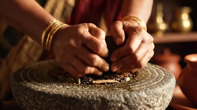 Indian Woman Grinding Garam Masala Spices in Stone Mortar Cinematic Shot
