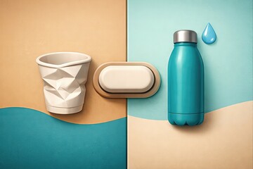 Minimalist composition of eco friendly beverage container geometric forms with a sculptural cup and soap dish emphasizing sustainable lifestyle choices and modern design aesthetics