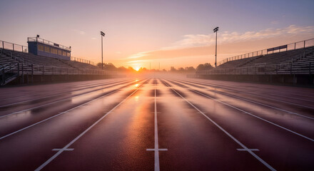 Fototapeta premium An empty outdoor running track stretches toward a golden sunrise with wet lanes reflecting the morning light between stadium bleachers. Generative AI