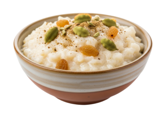 ramadan pistachio rice pudding with raisins in a bowl