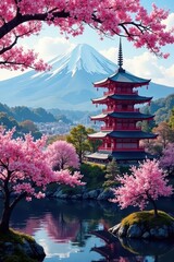 Stunning Fuji vista, crimson pagoda amidst blooming sakura , Blossom, Spring, Photo