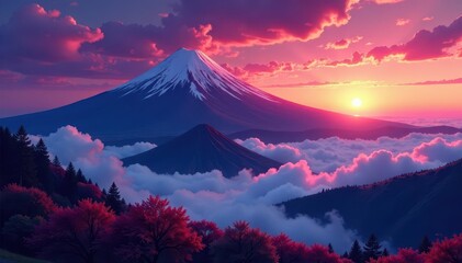 Stunning Mount Fuji dawn view, vibrant colors, anime-like atmosphere , aesthetic, Japan