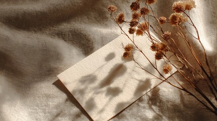 A serene still life of dried flowers casting shadows on a blank card and silk fabric, evoking a sense of peaceful elegance and simplicity.