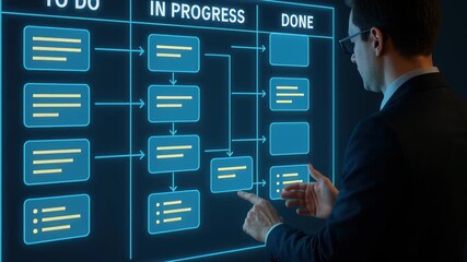 Task Management on Display: A focused professional meticulously manages tasks using a digital board, illustrating processes, progress, and effective strategies for efficient workflow. - Powered by Adobe