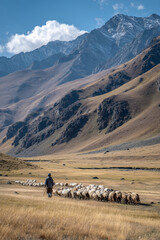 A local shepherd herding his flock of sheep and goats across a vast mountain pasture, a timeless act of pastoral life.