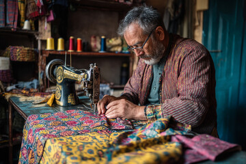A local tailor sewing vibrant traditional 'chapan' (coats) using a vintage sewing machine, showcasing skilled craftsmanship and sustainable practices.