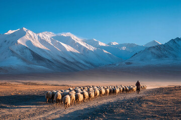 Shepherds guiding a herd of sheep across the Pamir Mountains under a bright blue sky at sunrise.