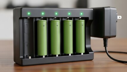 Four green rechargeable batteries charging in a black battery charger with illuminated green indicator lights