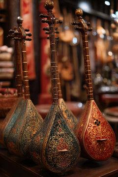 A close-up of traditional Tajik musical instruments like the 'rubab' or 'dutor', ready for a soulful performance, emphasizing rich musical heritage.