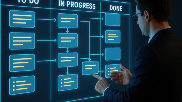 Task Management on Display: A focused professional meticulously manages tasks using a digital board, illustrating processes, progress, and effective strategies for efficient workflow.