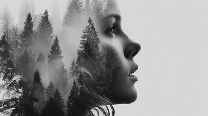 Double Exposure Woman Profile with Misty Pine Forest, Monochrome