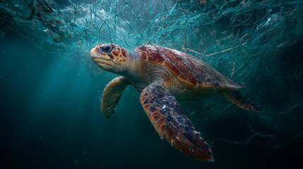 Sea Turtle Swimming in Ocean Pollution