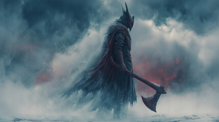 Dark Fantasy Warrior with Battle Axe in Foggy Winter Landscape