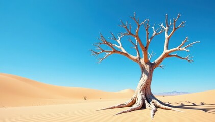Sun-bleached skeleton of a desert tree against blue sky, decay, western, art