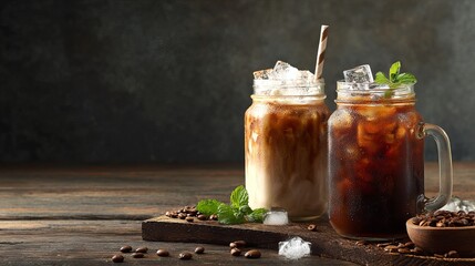 A refreshing scene of two mason jars filled with iced coffee and latte, placed on a wooden table with scattered coffee beans and mint leaves, perfect for a hot summer day.