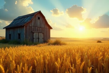 Sun-drenched fields of golden wheat, weathered barn , barn, structure, growth
