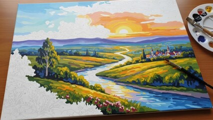 Paint-by-number canvas in the process of creating a colorful landscape. Perfect for hobbies, crafts, and visual inspiration for creativity. AI generated.