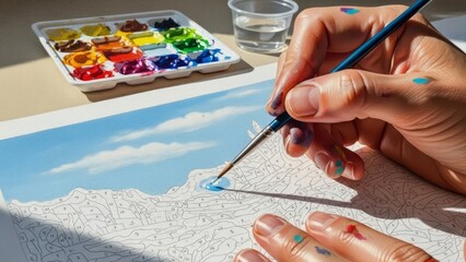 Paint-by-number canvas in the process of creating a colorful landscape. Perfect for hobbies, crafts, and visual inspiration for creativity. AI generated.