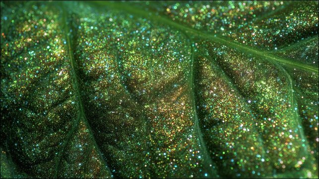 A stunning close-up view of a green leaf covered in sparkling dew drops and glittering particles in the sunlight, showcasing the intricate texture and pattern of the leaf's surface. - Powered by Adobe