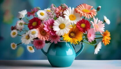 A Charming Flower Bouquet Featuring Daisies And Colorful Blooms Artfully Arranged In A Bright Blue Vase Creates A Cheerful And Inviting Focal Point For Any Indoor Space