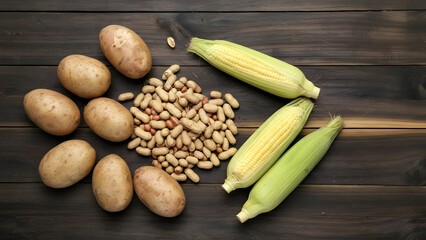 Obraz premium A top-down view of raw potatoes, peanuts, and fresh corn cobs on a dark wooden surface