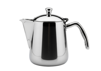polished stainless teapot with curved handle on white background