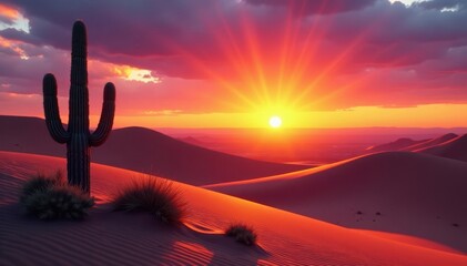 Sunset over rolling sand dunes, cacti silhouettes, arid, sun, photography