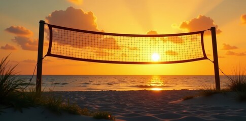 Sunset silhouettes beach volleyball net, golden sand, green grass backdrop, summer, texture, scenic