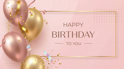 Happy Birthday holiday banner with glittering golden frame, 3d realistic glossy balloons and falling confetti. White and pink background. Vector template for greeting card, poster.