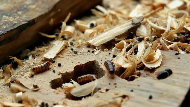 Detailed 4K close up pan of fine wood sawdust scobs produced after cutting timber highlighting renewable energy materials woodworking textures natural industrial by 