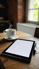 Tablet displaying webpage, steaming coffee mug on rustic wood table, cappuccino, tablet, beverage