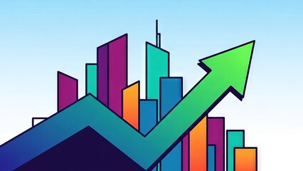 Green Arrow Graph Showing Upward Growth Over Abstract City Skyline