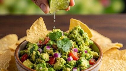 Hand squeezing lime juice onto fresh guacamole with tortilla chips