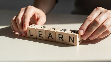 Hands arranging wooden blocks spelling the word LEARN