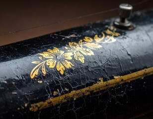 Antique Sewing Machine: The image presents an up-close perspective of a vintage sewing machine, revealing intricate details of its craftsmanship. The machine's surface showcases a weathered.