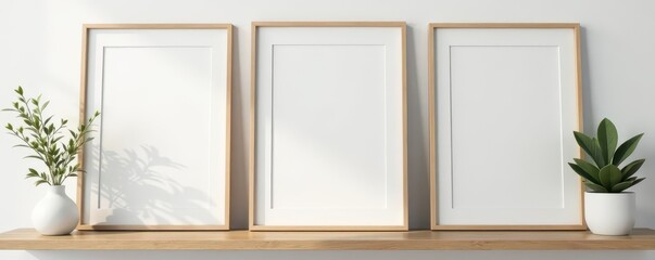 Three empty frames above wooden shelf with minimalist decor, room, image